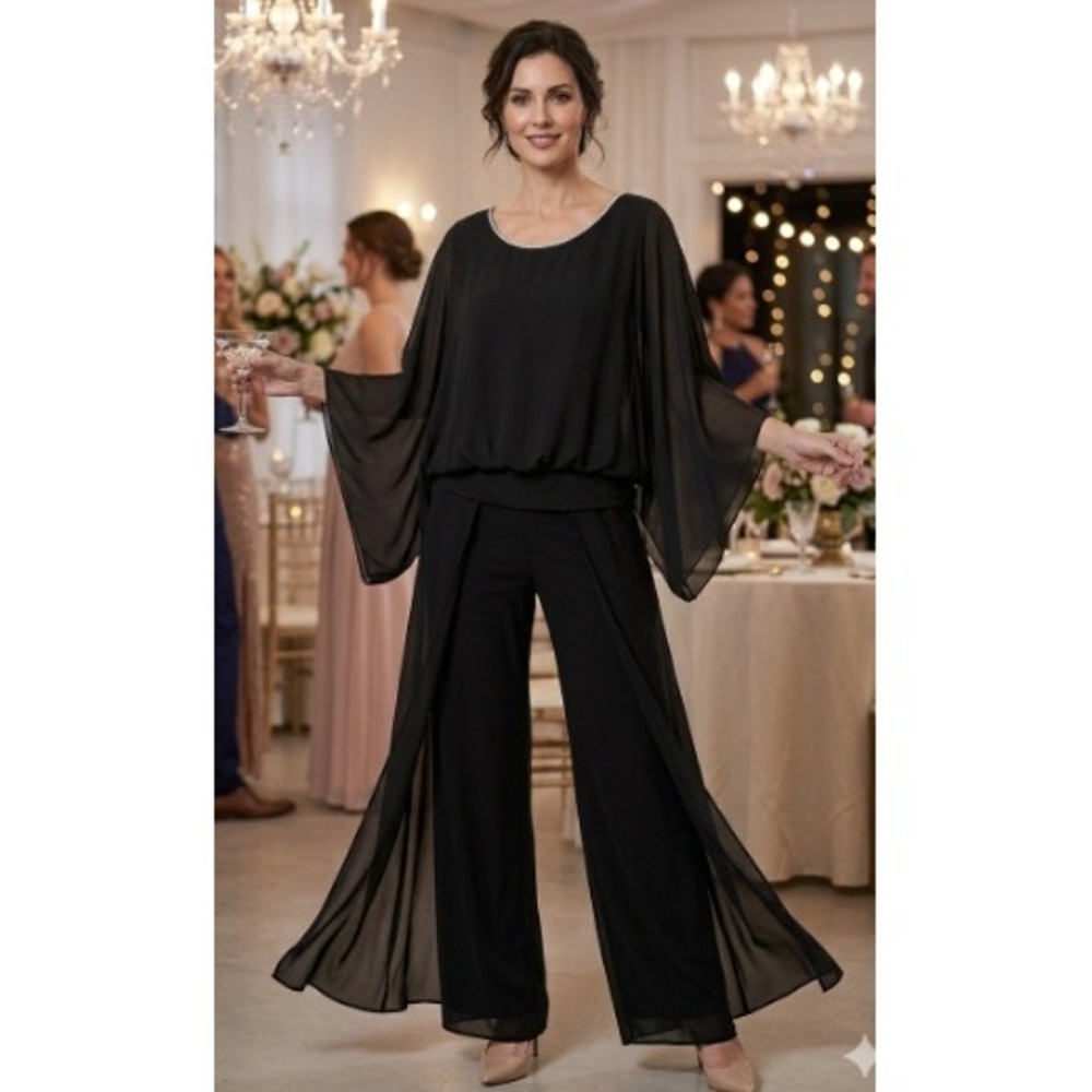 Frank Lyman Montreal Black Chiffon 2 Piece Formal Set Wide Leg Pants Pantsuit 10